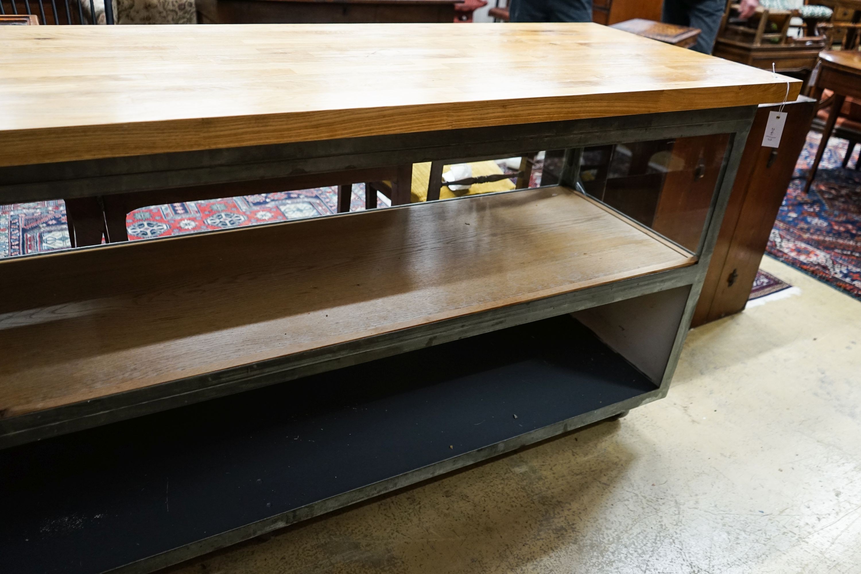 A glazed shop counter now as a kitchen island with removable wood worktop, length 212cm, depth 63cm, height 93cm